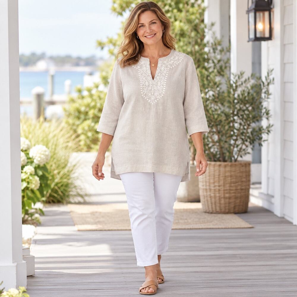 Jones New York Sport Linen Embroidered Tunic L Beige Coastal Boho